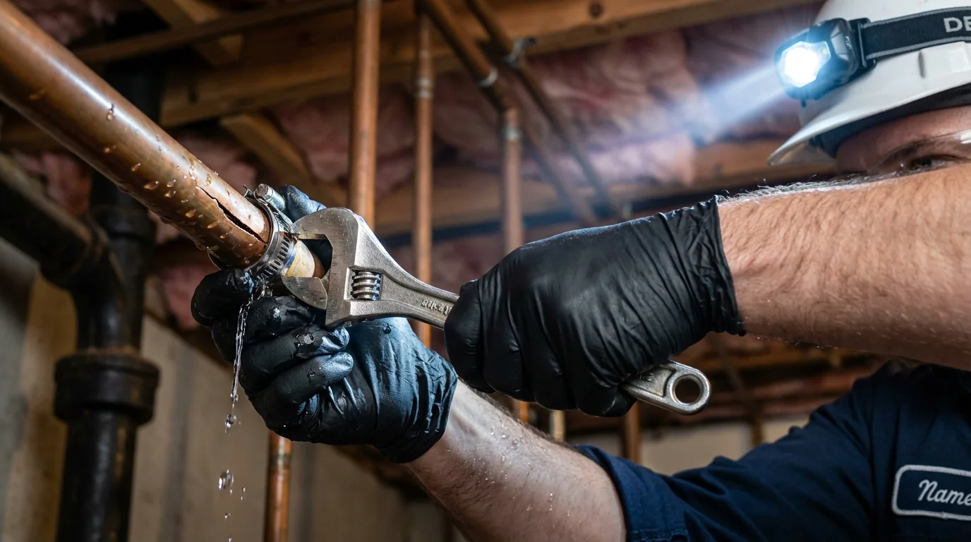 Emergency pipe clamp repair being performed by a Johns Plumbing LLC plumber in Shell Rock