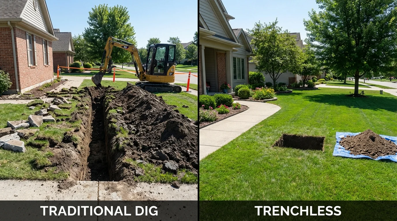 Trenchless sewer repair with minimal yard damage versus traditional excavation in Shell Rock, IA
