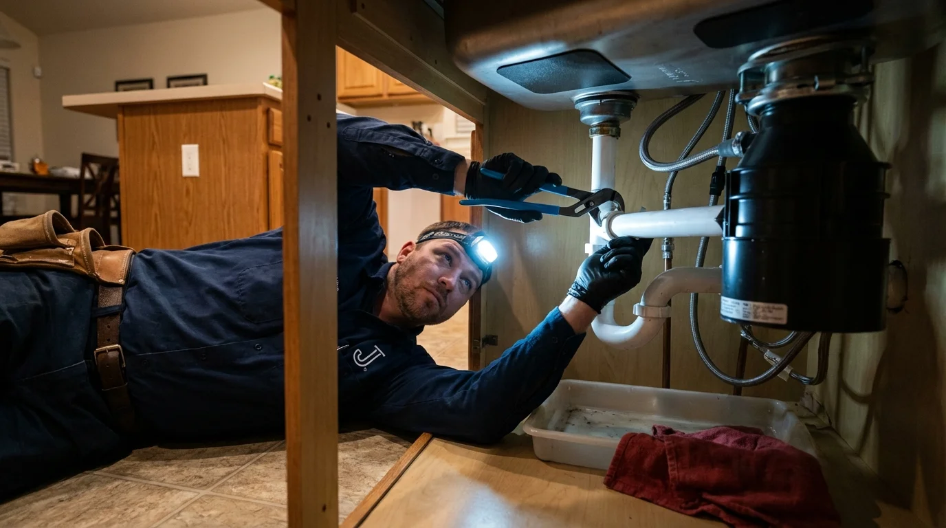 P-trap and supply line connections under a kitchen sink showing a common leak point in Shell Rock, IA